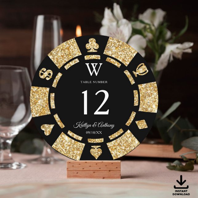Convites Gold Glitter Monogram Poker Chip Casino Wedding (Criador carregado)