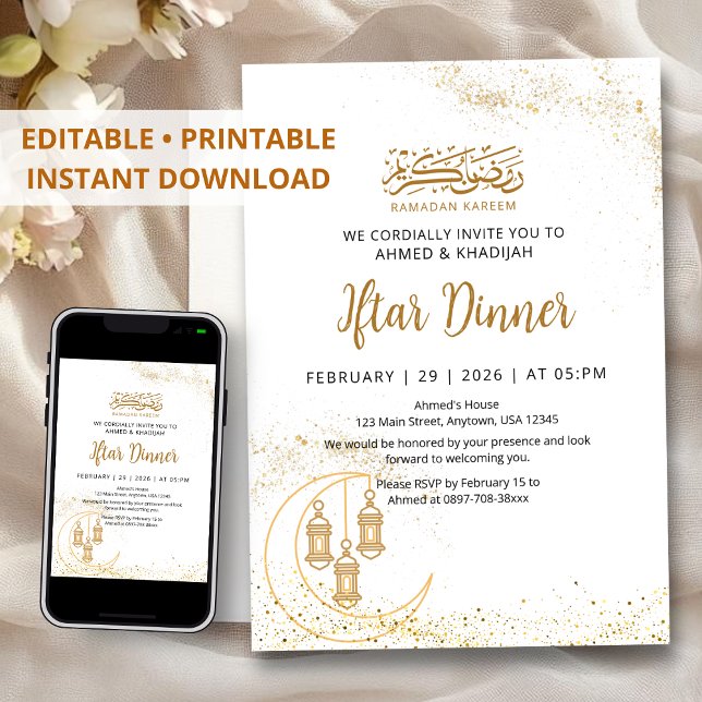 Convites Gold Glitter Moon and Lantern Ramadan Iftar (Criador carregado)