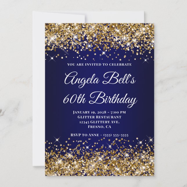 Convites Gold Glitter Navy Blue Ombre 60th Birthday (Frente)