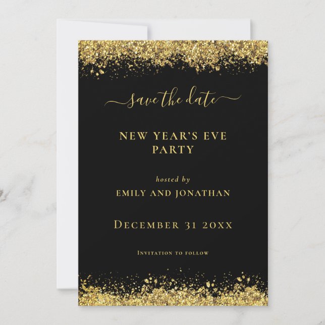Convites Gold Glitter New Year Party Black Save Date card (Frente)