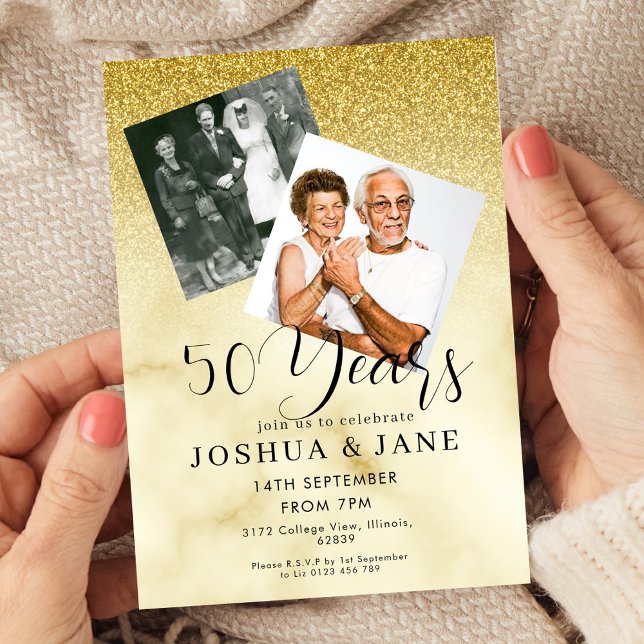 Convites Gold Glitter Photo 50th Wedding Anniversary (Criador carregado)
