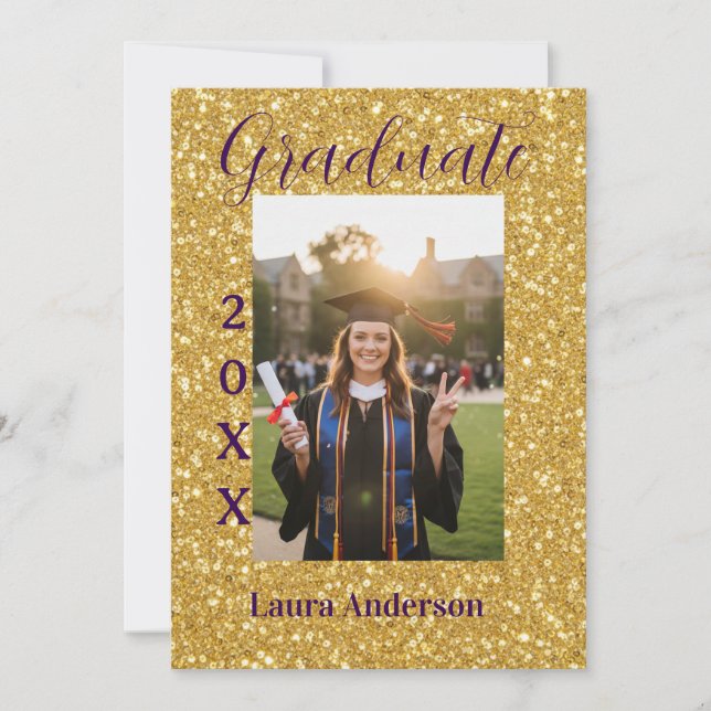 Convites Gold glitter photo graduation add name class text (Frente)