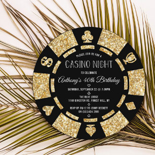 Convites Gold Glitter Poker Chip Casino Night Party