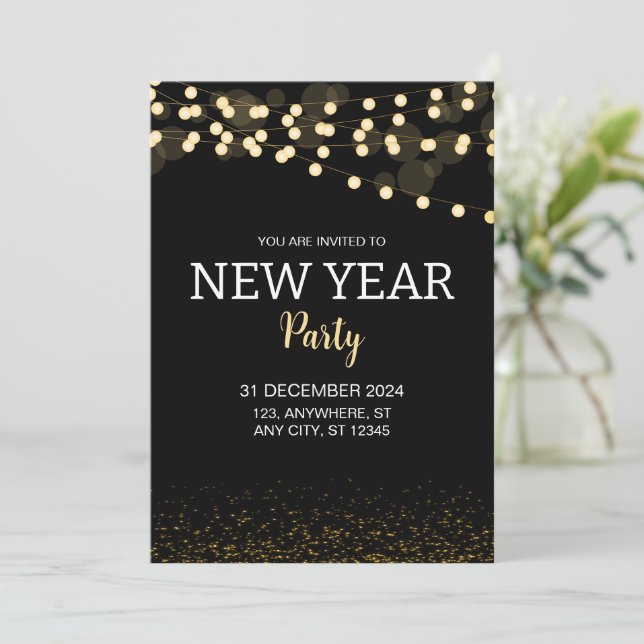 Convites Gold Glitter String Lights New Year's Eve Party (Em pé/Frente)