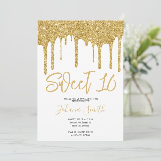 Convites Gold Glitter Sweet Sixteen Girl Birthday Party (Em pé/Frente)