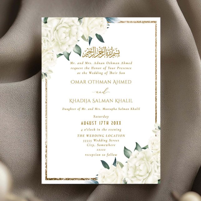 Convites Gold Glitter White Floral Islamic Muslim Wedding (Criador carregado)