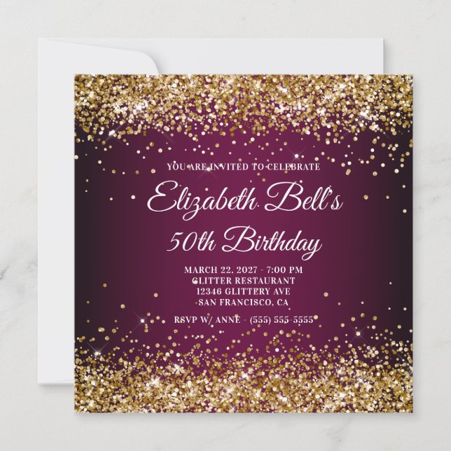 Convites Gold Glitter Wine Dark Ombre 50th Birthday (Frente)