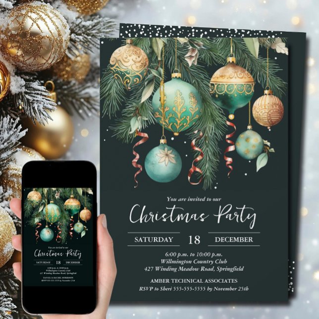 Convites Gold Green Christmas Tree Ornaments Party (Gold and green Christmas tree ornaments party invitations, PRINTED and/or INSTANT DOWNLOAD)