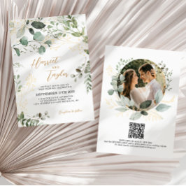 Convites Gold Greenery Eucalyptus Photo QR Code Wedding 