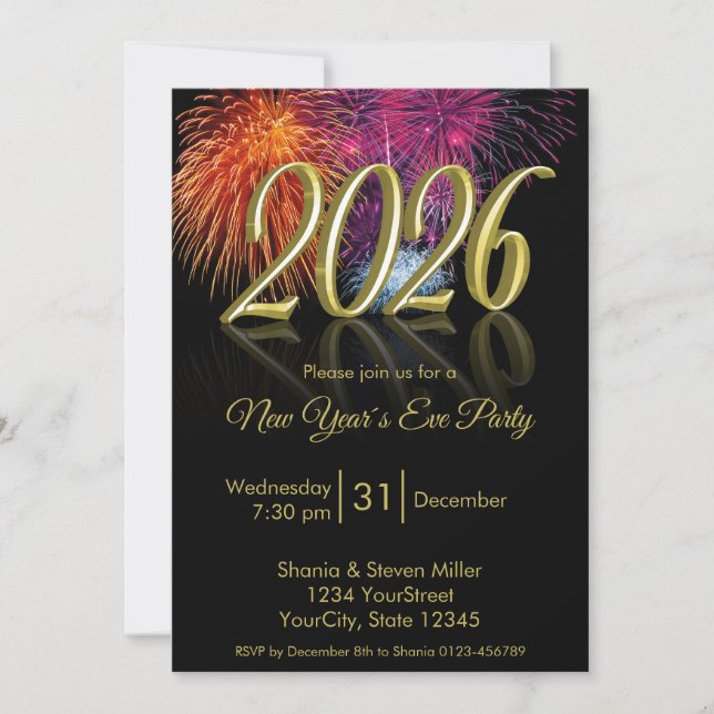 Convites Gold Happy New Year 2026 Fireworks Invitation (Frente)