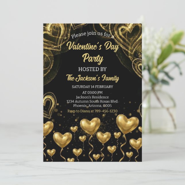 Convites Gold Hearts Valentine's Day Party (Em pé/Frente)