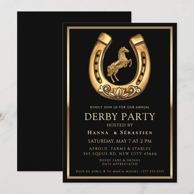 Convites gold Horse Derby Party Equestrian  (Frente/Verso)