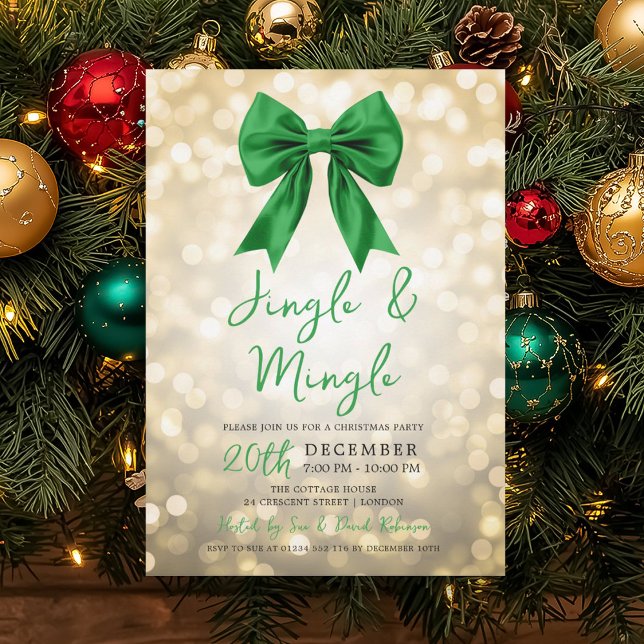 Convites Gold Jingle Mingle Christmas Party Green Bow  (Gold Jingle Mingle Christmas Party Green Bow Invitation)