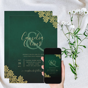 Convites Gold Lace Emerald Green All-in-1 Wedding Invite QR