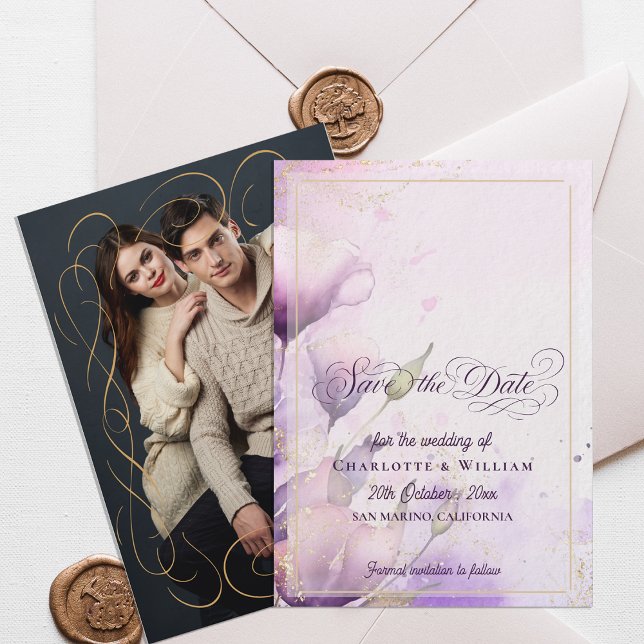 Convites Gold Lavender Floral Photo Wedding Save the Date (Gold Lavender Floral Photo Wedding Save the Date Invitation)