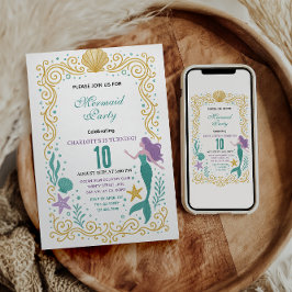 Convites Gold Little Mermaid 10th Birthday Under the sea
