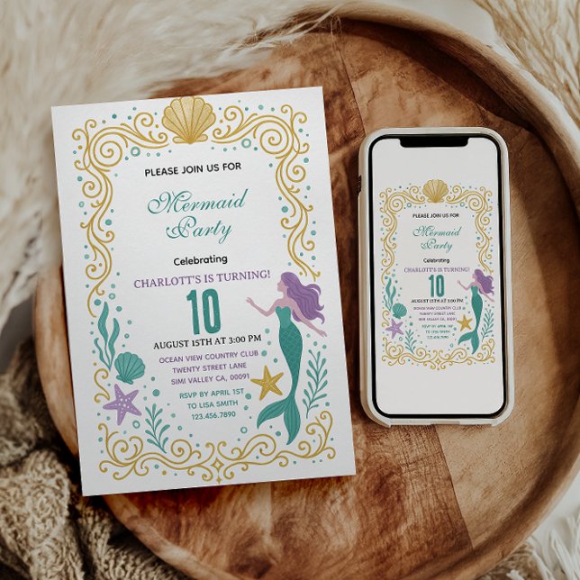 Convites Gold Little Mermaid 10th Birthday  Under the sea  (Criador carregado)