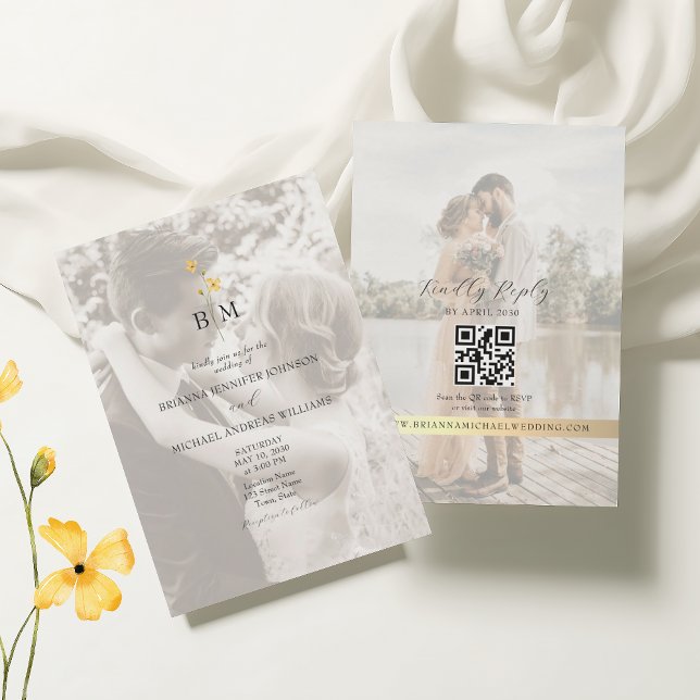 Convites Gold Monogram Photo QR Code Wedding (Criador carregado)