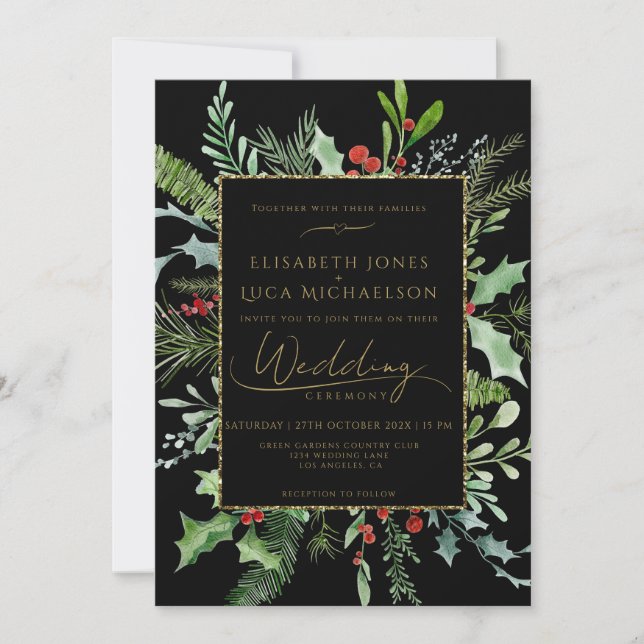 Convites Gold Moody Winter Berry Botanical Monogram Wedding (Frente)