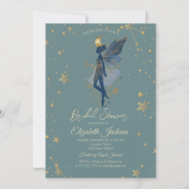 Convites Gold Moon Girl Stars Green Bridal Shower (Frente)