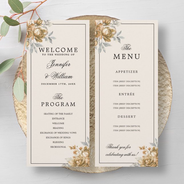 Convites Gold Natural Rustic Floral Wedding Program Menu (Gold Natural Rustic Floral Wedding Program Menu)