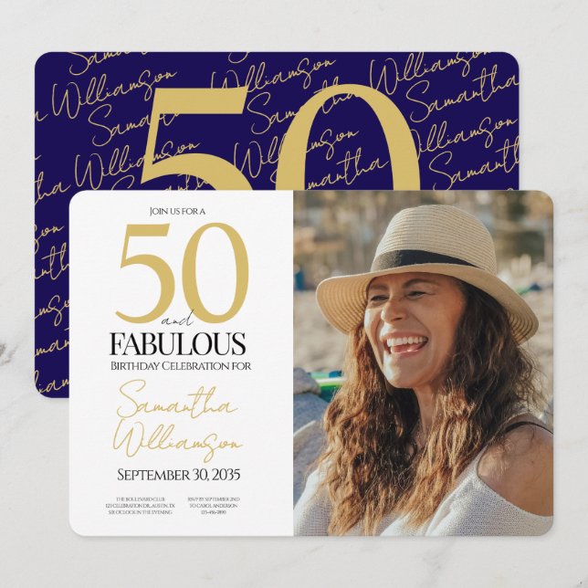 Convites Gold & Navy | 50th Elegant Fabulous Birthday Party (Frente/Verso)