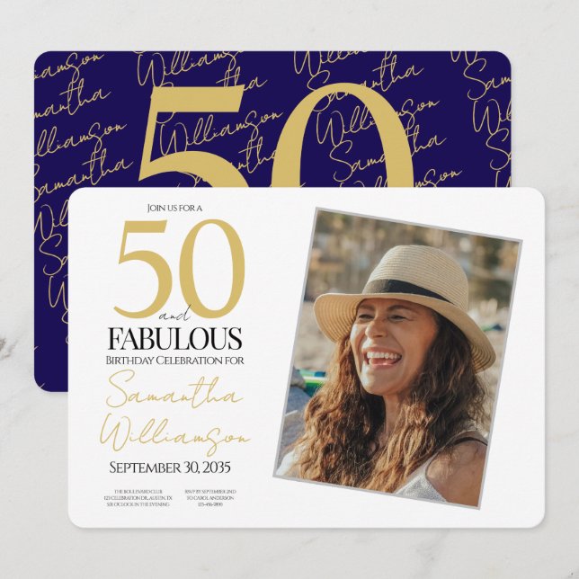 Convites Gold & Navy | 50th Fabulous Photo Birthday Party (Frente/Verso)
