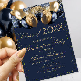 Convites Gold Navy Blue Glitter Balloons Graduation Party
