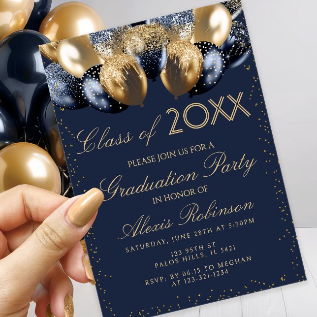 Convites Gold Navy Blue Glitter Balloons Graduation Party (Criador carregado)
