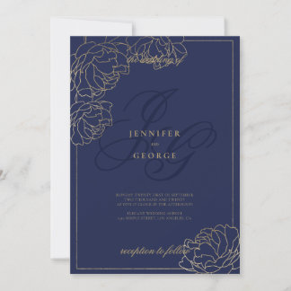 Convites Gold navy blue monogram initals floral wedding