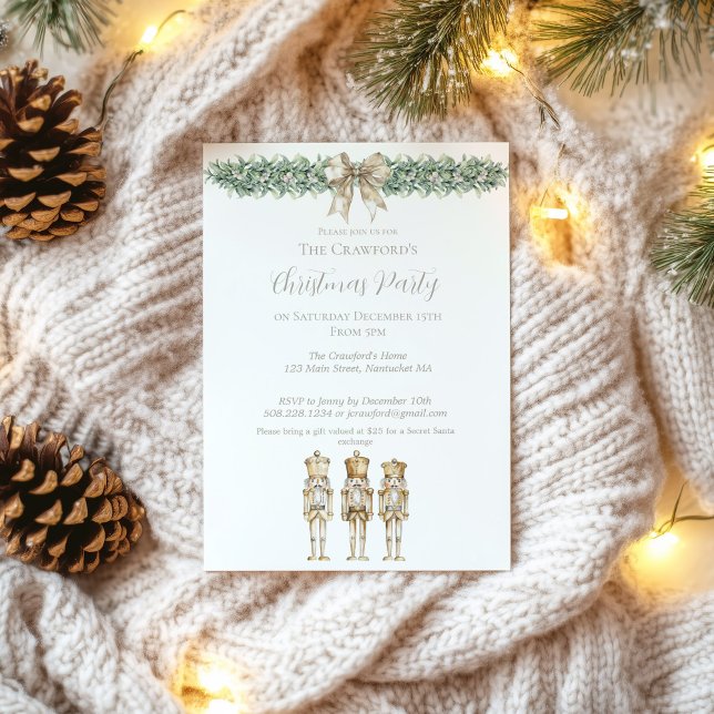Convites Gold Nutcracker and Mistletoe Christmas  (Gold Nutcracker Christmas Invitation)