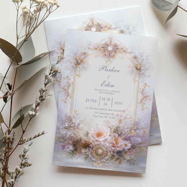 Convites Gold Oval Frame Blush Floral Jewel Elegant Wedding (Criador carregado)