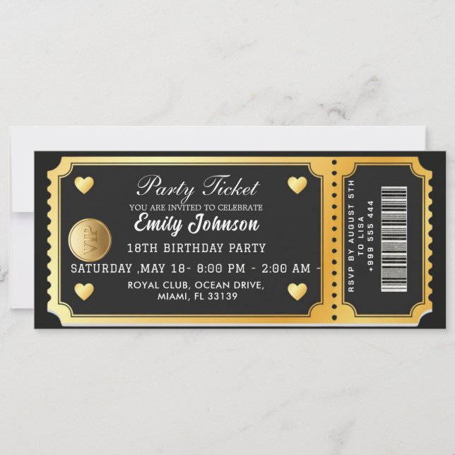 Convites Gold Party Ticket Invitation (Frente)