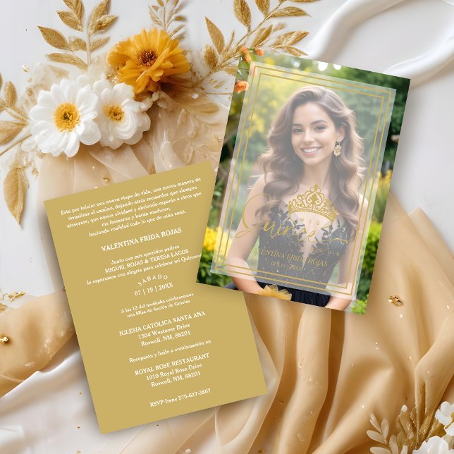 Convites Gold Princess Tiara Exquisite Overlay Vellum XV (Faux Gold Princess Tiara Exquisite Overlay Vellum Effect Quinceañera Sophisticated Photo Invitation.)
