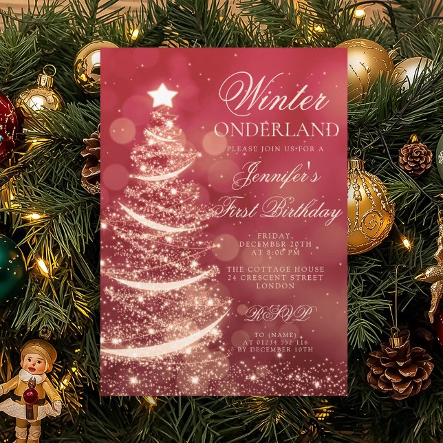 Convites Gold Red Christmas Winter Onederland 1st Birthday (Gold Red Christmas Winter Onederland 1st Birthday Invitation)