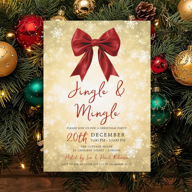 Convites Gold Red Jingle Mingle Christmas Party Bow & Snow  (Gold Red Jingle Mingle Christmas Party Bow & Snow Invitation)