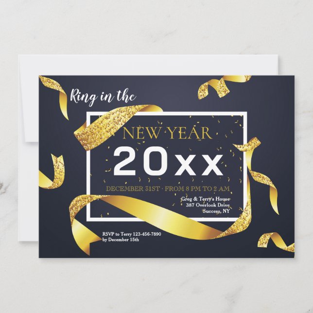 Convites Gold Ribbon New Year Party Invitation (Frente)