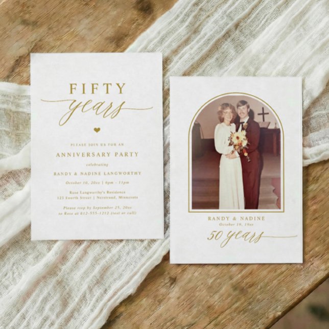 Convites Gold Script Elegant 50th Wedding Anniversary Party (Elegant simple 50th Wedding anniversary invitations with arch photo on back.)