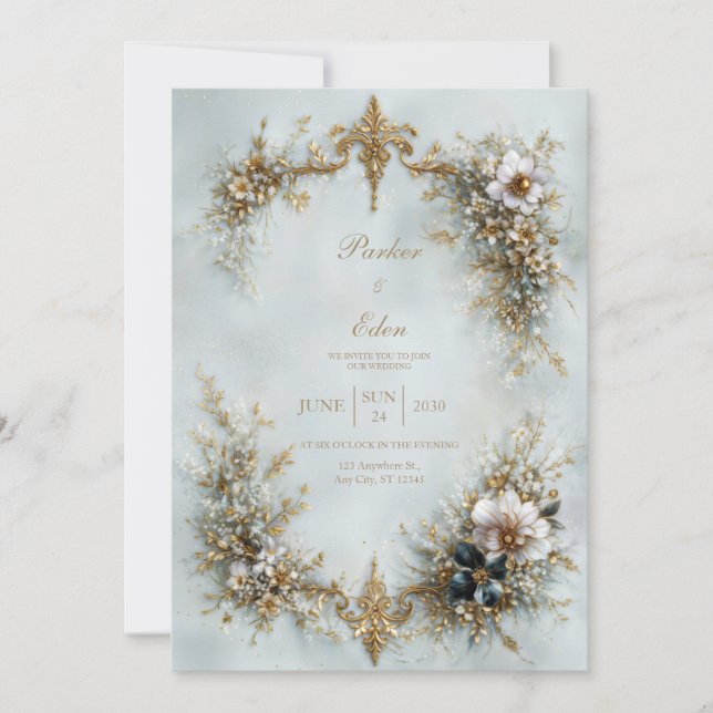 Convites Gold Scroll Frame White Floral Dusty Blue Wedding (Frente)