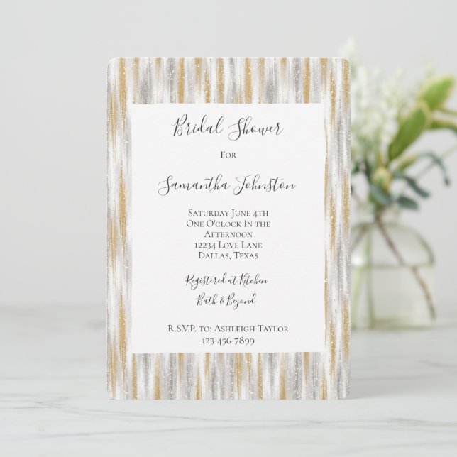 Convites Gold Silver Chic Glam Glitzy Stripes Bridal Shower (Em pé/Frente)