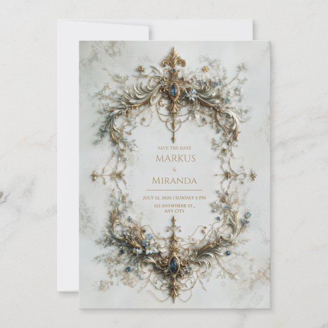 Convites Gold Silver Frame Blue Gemstone Baroque Wedding (Frente)