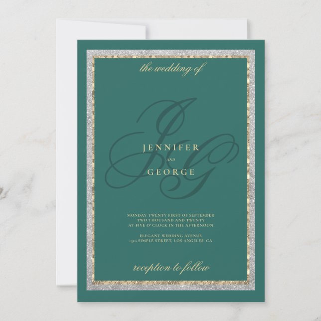 Convites Gold silver jade green monogram initals wedding (Frente)