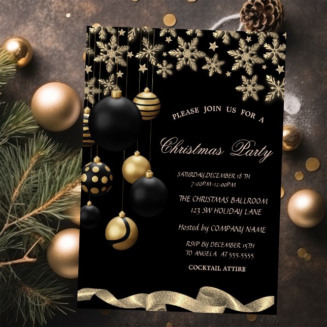 Convites Gold Snowflakes Black Balls Corporate Christmas (Criador carregado)