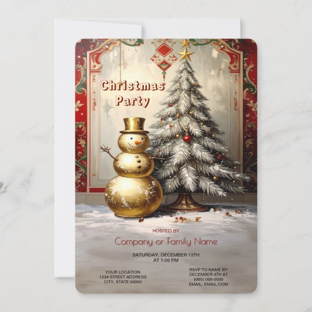 Convites Gold Snowman Christmas Tree Holiday Party (Frente)