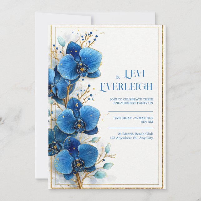 Convites Gold Speckled Cobalt Blue Orchid Wedding (Frente)