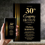 Convites Gold Striped Black 30th Surprise Birthday Party<br><div class="desc">Make the surprise unforgettable with this stylish gold striped black surprise 30th birthday party invitation. The customizable text templates allow you to add the name of the honored guest, the secret party details, and the venue with ease. Your guest of honor will be in for a night of laughter and...</div>