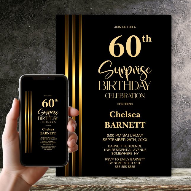 Convites Gold Striped Black 60th Surprise Birthday Party (Criador carregado)