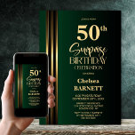 Convites Gold Striped Black Green 50th Surprise Birthday<br><div class="desc">Make the surprise unforgettable with this stylish gold striped black and green surprise 50th birthday party invitation. The customizable text templates allow you to add the name of the honored guest, the secret party details, and the venue with ease. Your guest of honor will be in for a night of...</div>