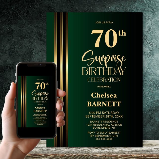 Convites Gold Striped Black Green 70th Surprise Birthday (Criador carregado)