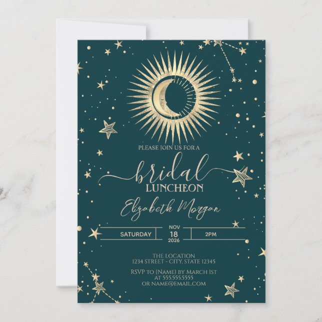 Convites Gold Sun And Moon Stars Green Bridal Luncheon (Frente)
